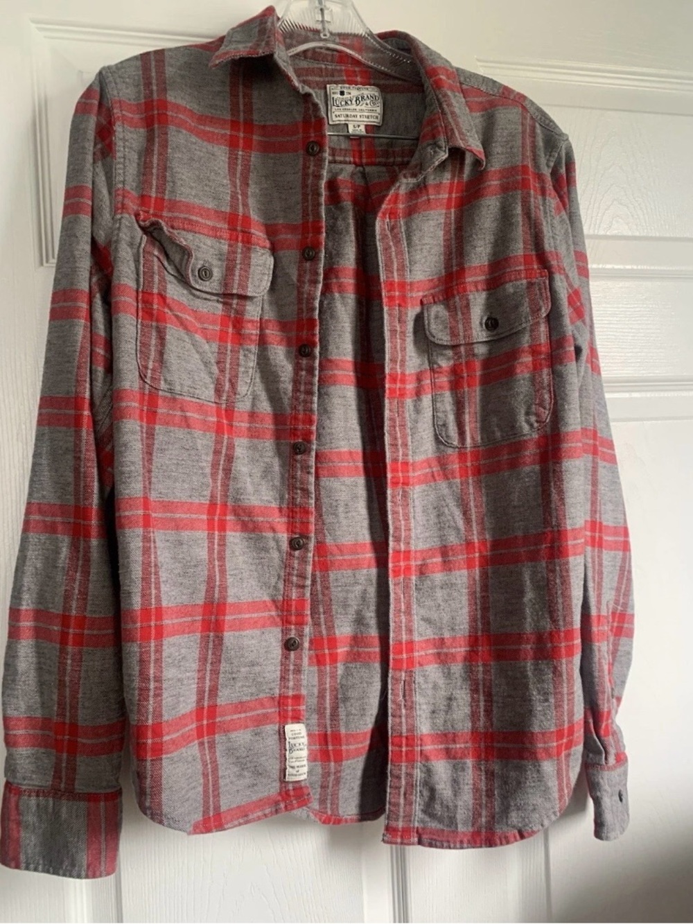 Lucky Brand Men’s Flannel Shirt Small S Gray Red Plaid Long Sleeve